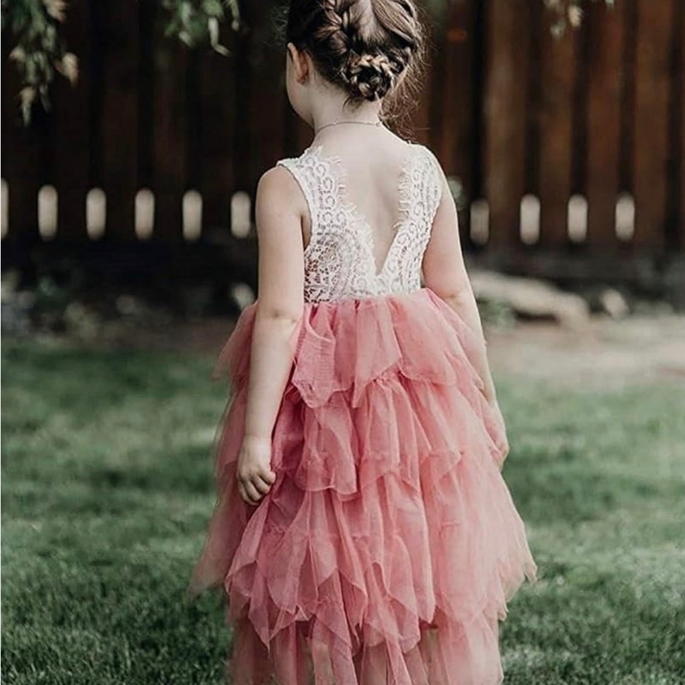 2Bunnies Lace Back A-Line Tiered Tutu Tulle Flower Girl Dress